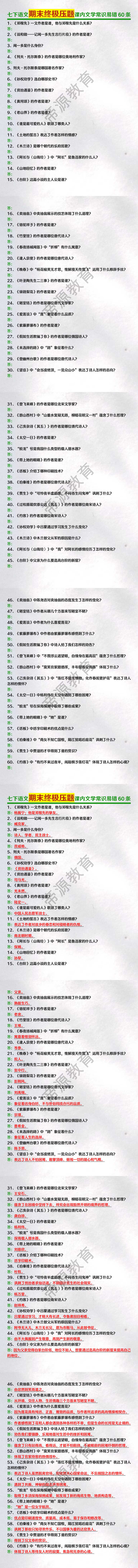 七下语文期末终极压题课内文学常识易错60条（含答案）