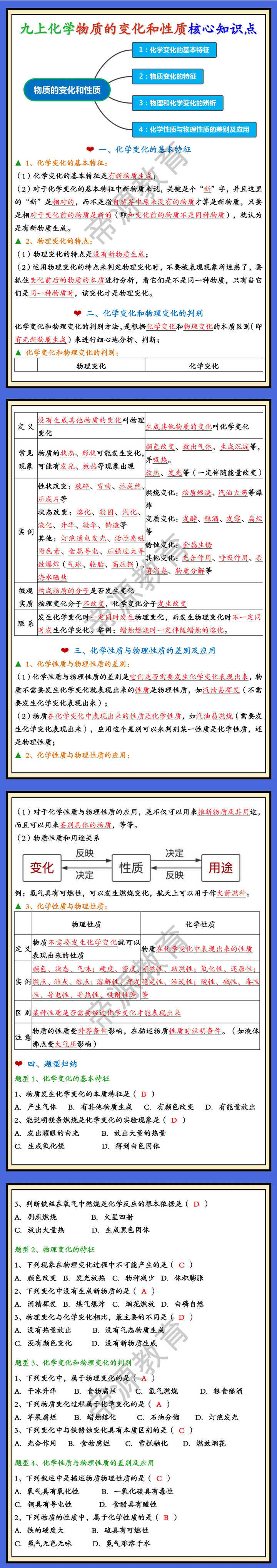 九上化学物质的变化和性质核心知识点