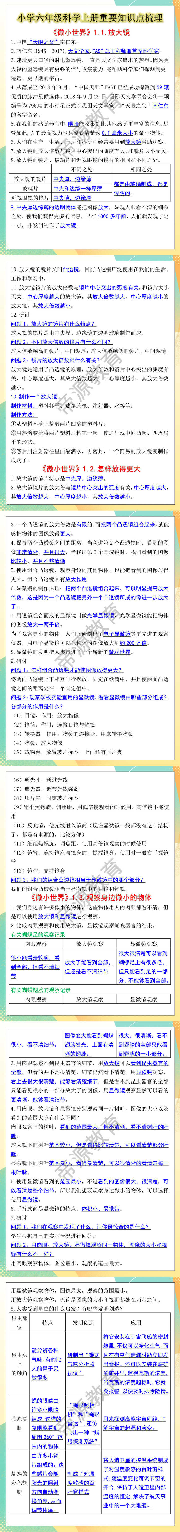六年级科学上册重要知识点梳理