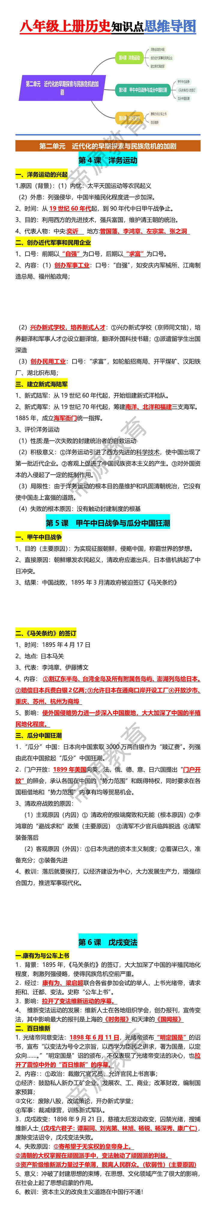 八年级上册历史知识点思维导图