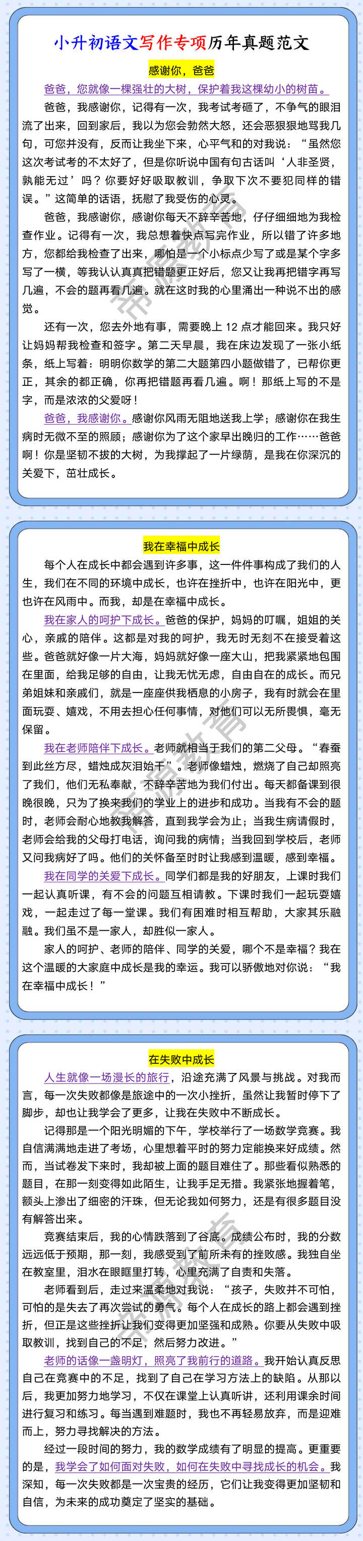 小升初语文写作专项历年真题范文
