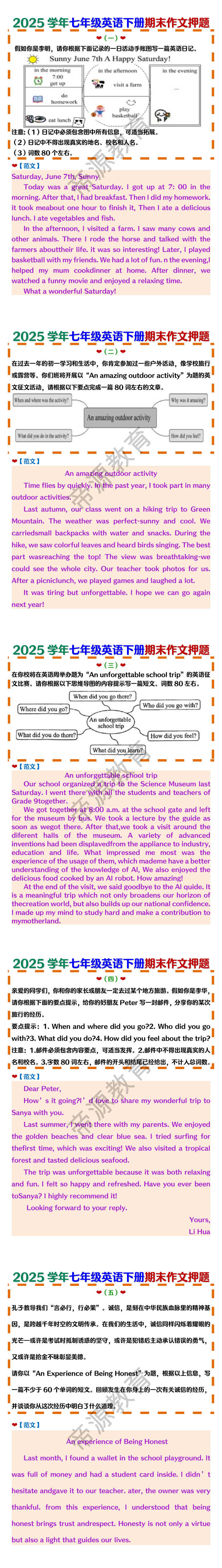 2025学年七年级英语下册期末作文押题