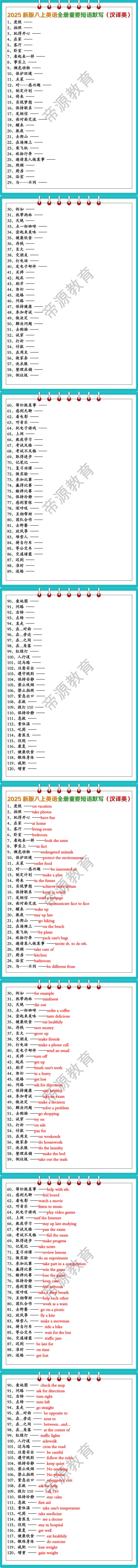 2025新版八上英语全册重要短语默写（汉译英）