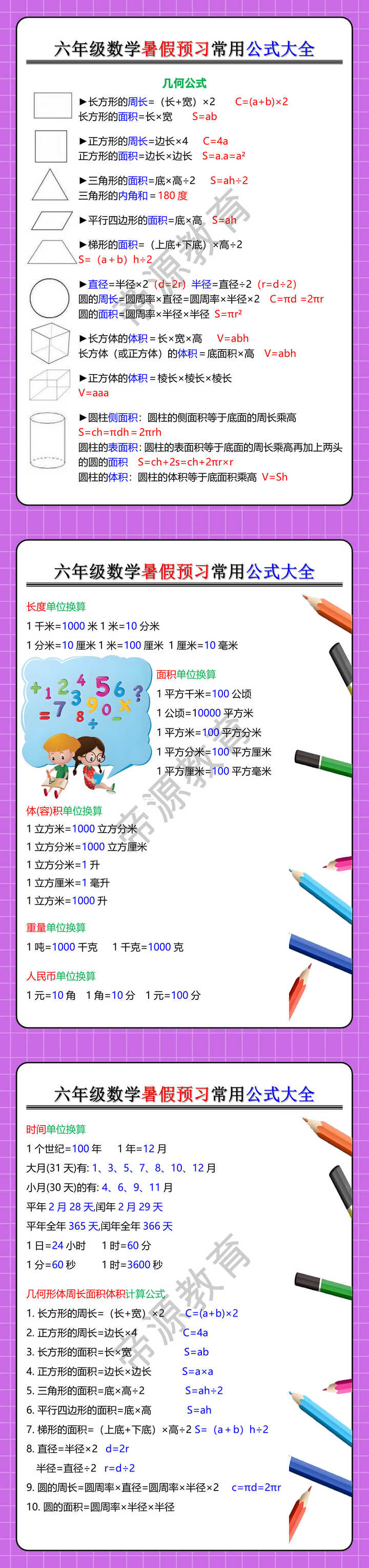六年级数学暑假预习常用公式大全