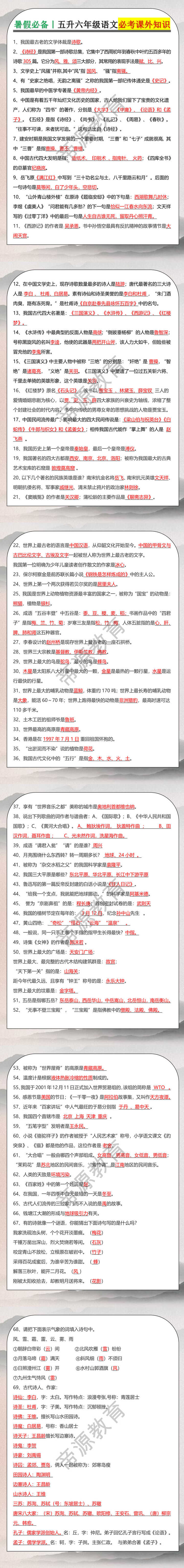 暑假必备丨五升六年级语文必考课外知识