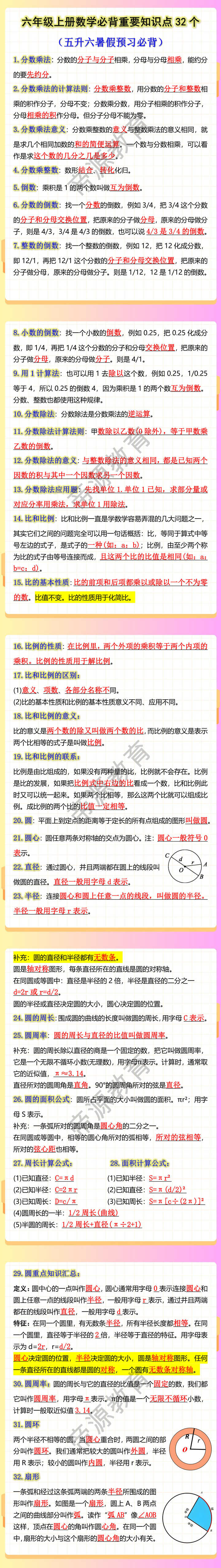 六年级上册数学必背重要知识点32个