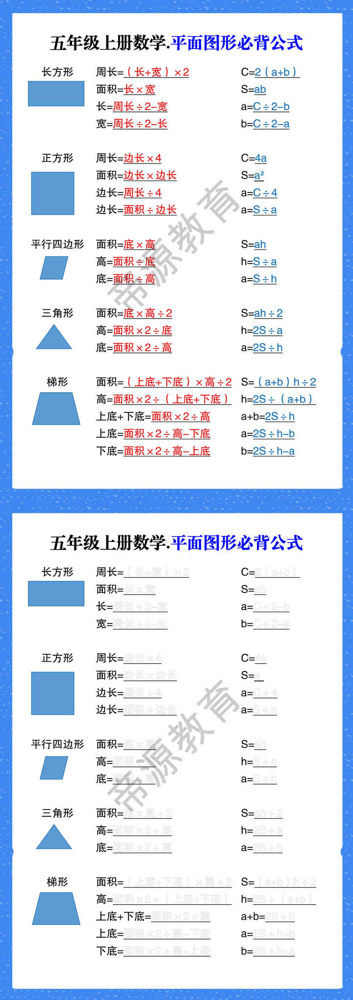 五年级上册数学.平面图形必背公式
