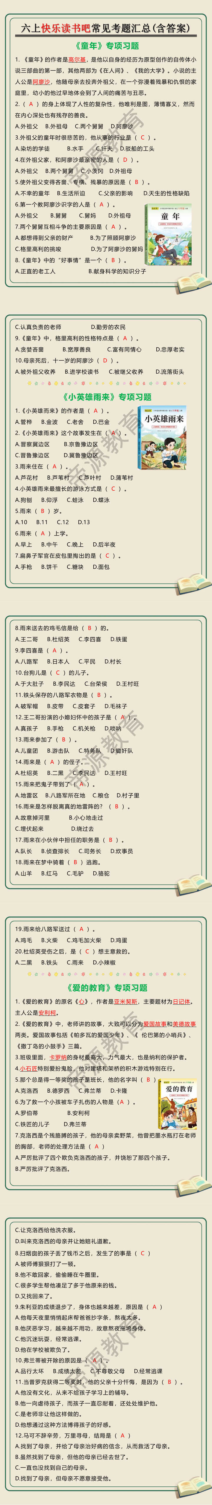 六年级上册快乐读书吧常见考题汇总(含答案)