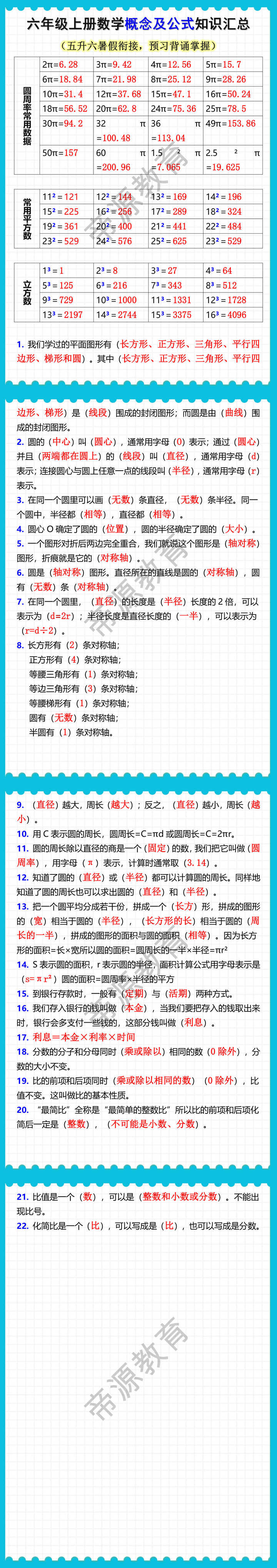 六年级上册数学概念及公式知识汇总