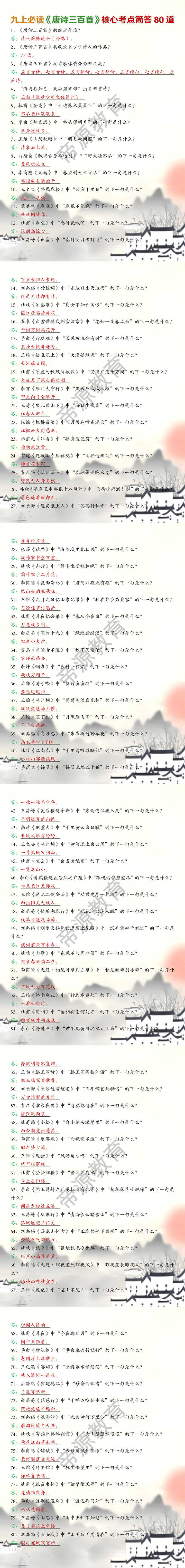 九上必读《唐诗三百首》核心考点简答80道