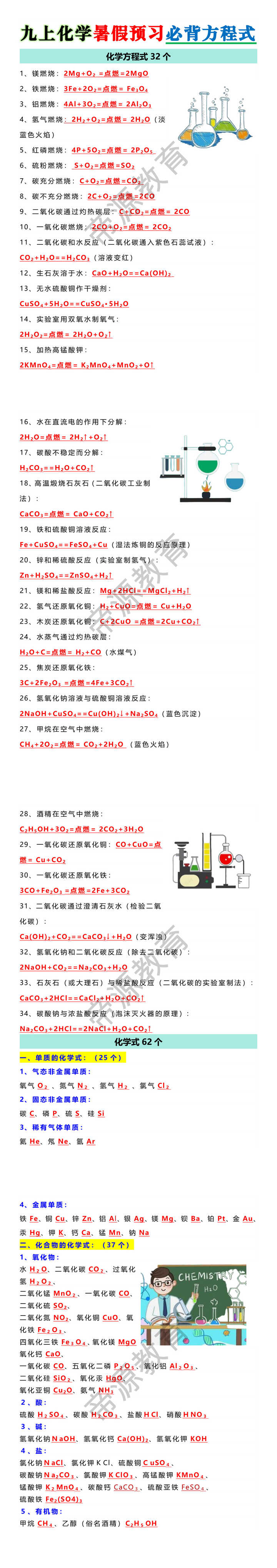 九上化学暑假预习必背方程式