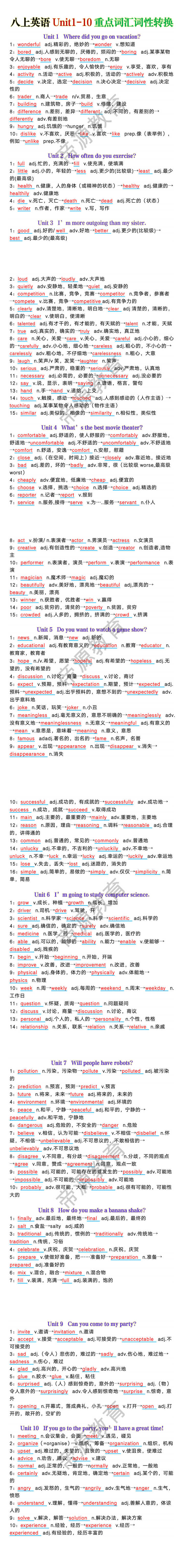 八上英语Unit1-10重点词汇词性转换汇总