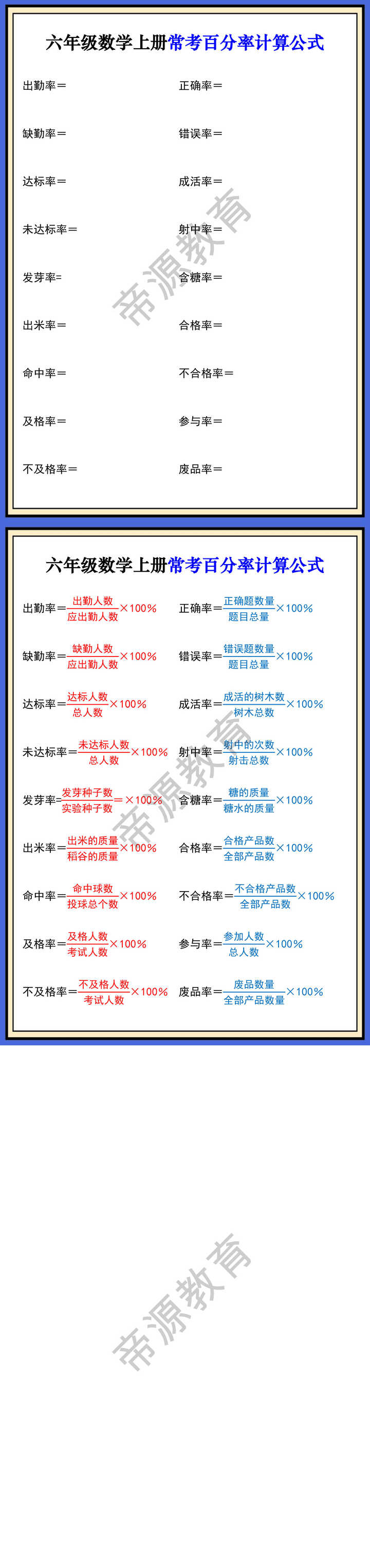 六年级数学上册常考百分率计算公式