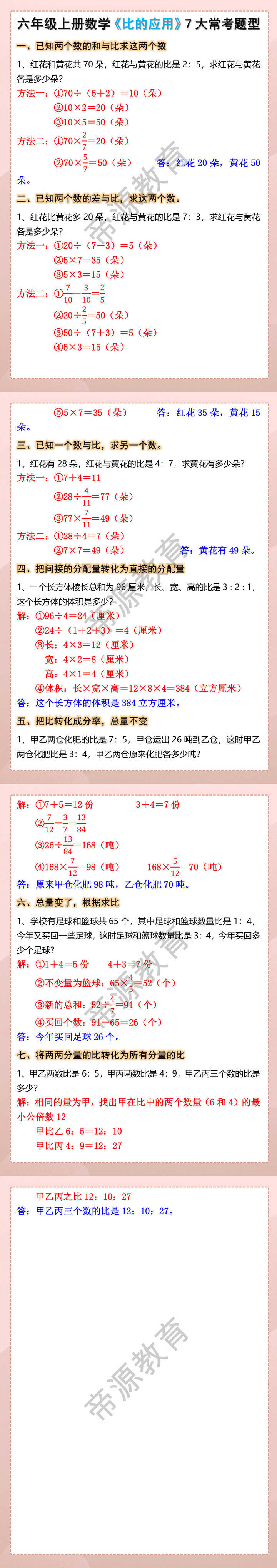 六年级上册数学《比的应用》7大常考题型
