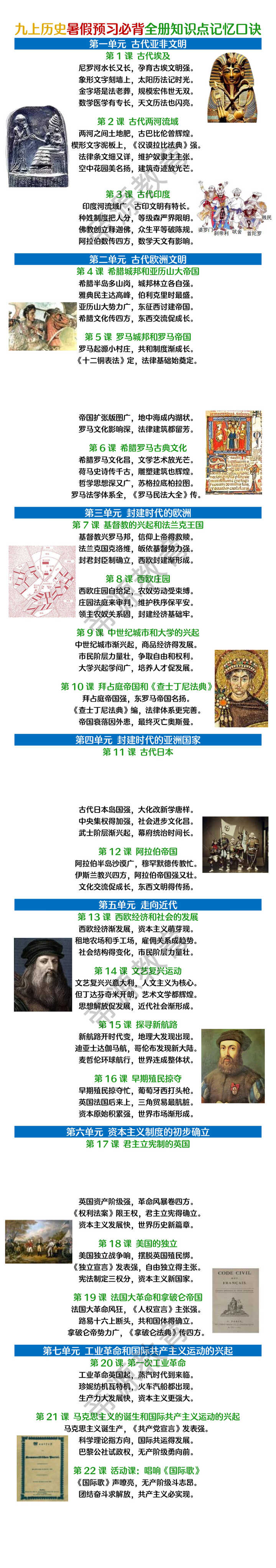 九上历史暑假预习必背全册知识点记忆口诀