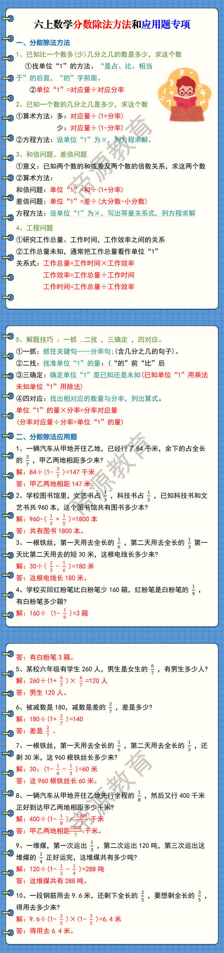六上数学分数除法方法和应用题专项