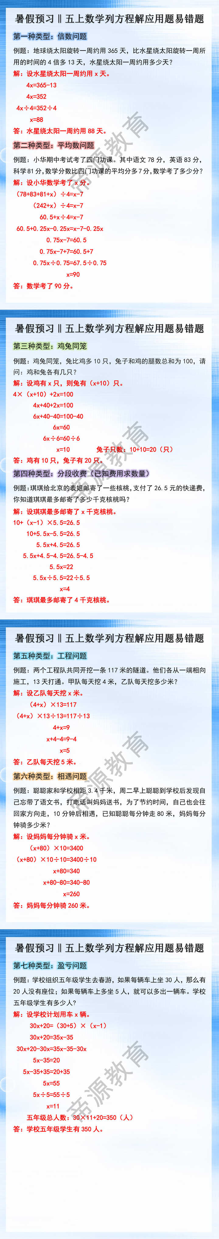 暑假预习‖五上数学列方程解应用题易错题