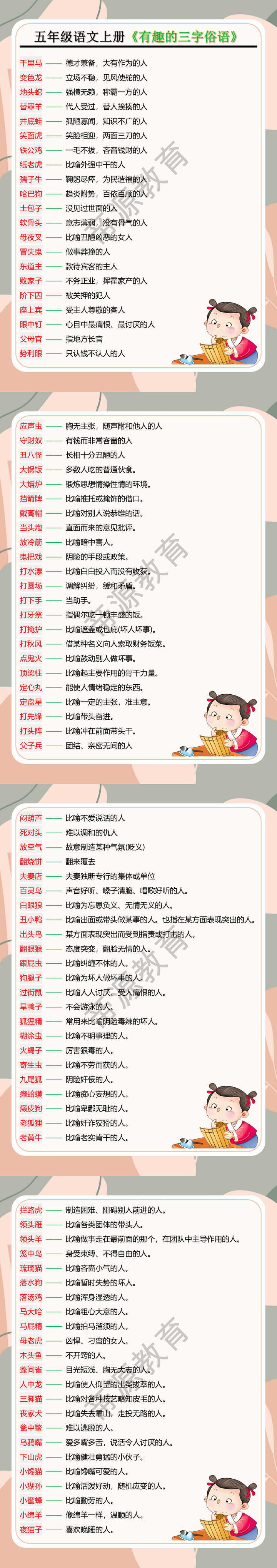 五年级语文上册《有趣的三字俗语》