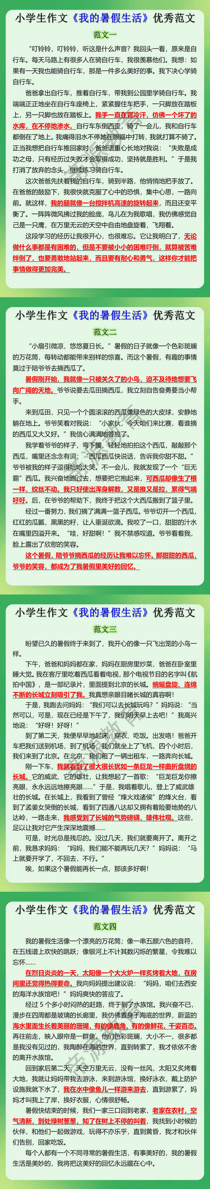 小学生作文《我的暑假生活》优秀范文
