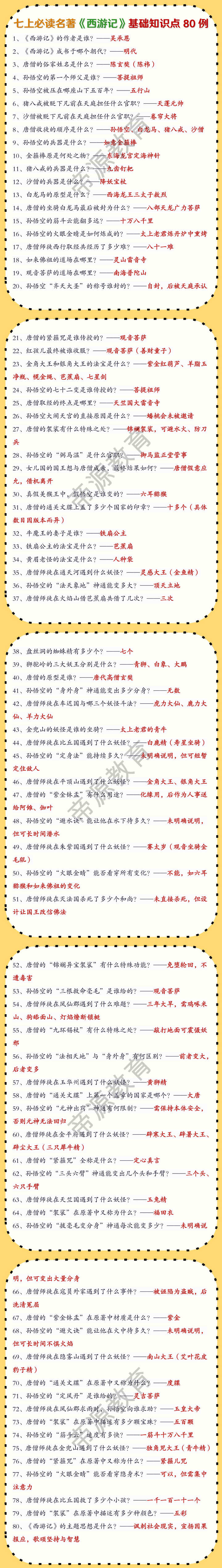 七上语文必读名著《西游记》基础知识点80例