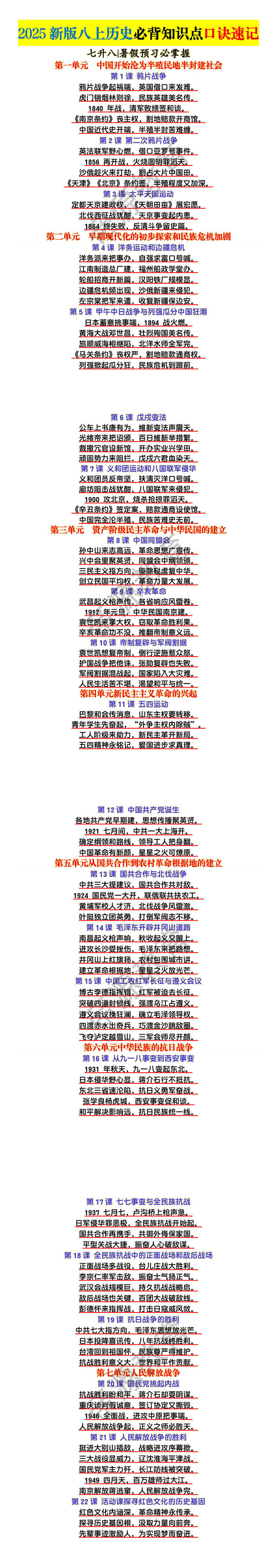 2025新版八上历史必背知识点记忆口诀汇总