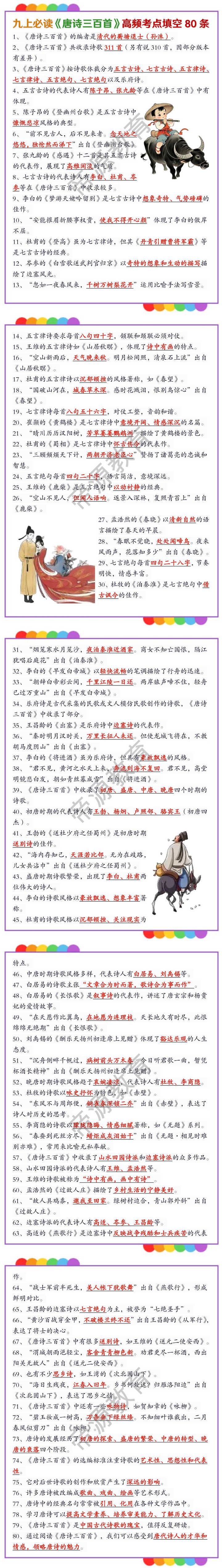 九上必读《唐诗三百首》高频考点填空80条