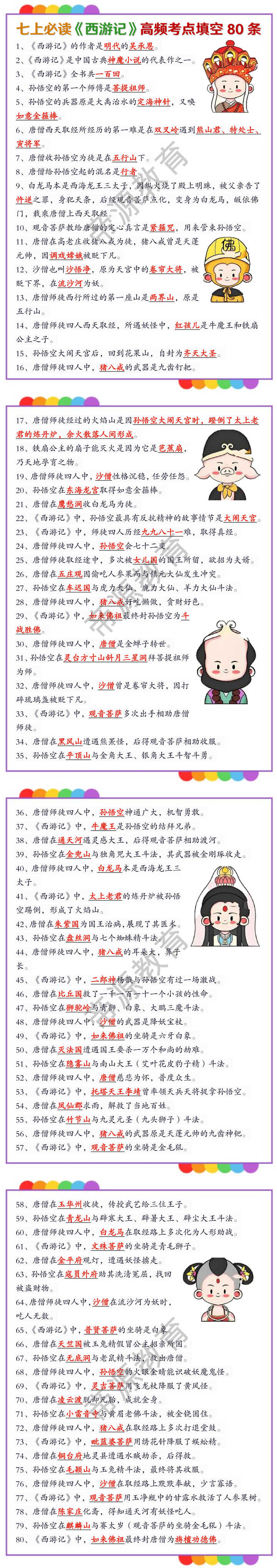 七上语文必读名著《西游记》高频考点填空80条