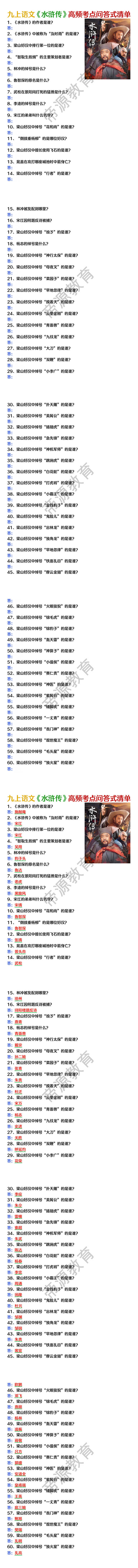 九上语文《水浒传》高频考点问答式清单