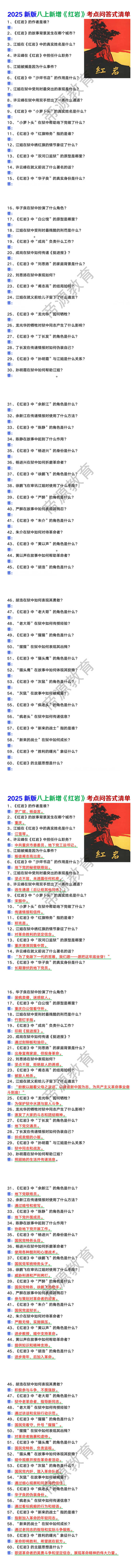 2025新版八上新增必读名著《红岩》考点问答式清单