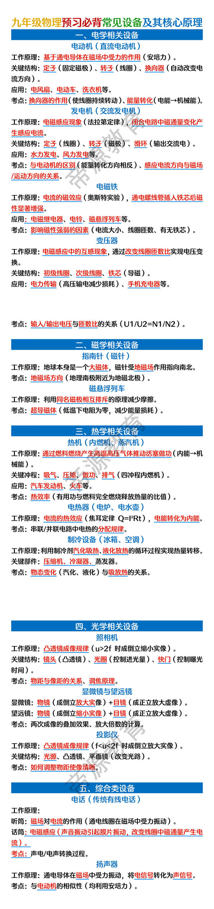 九年级物理预习必背常见设备及其核心原理
