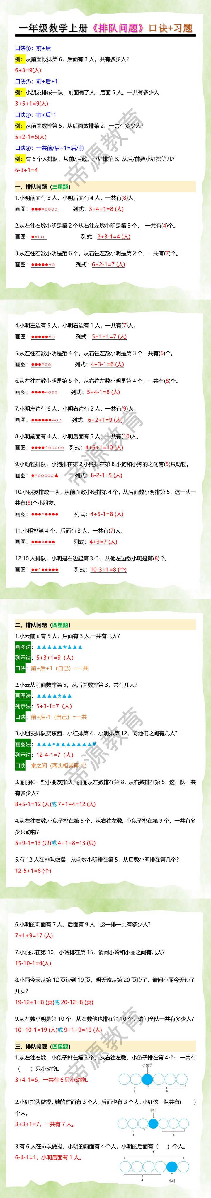 一年级数学上册《排队问题》口诀+习题
