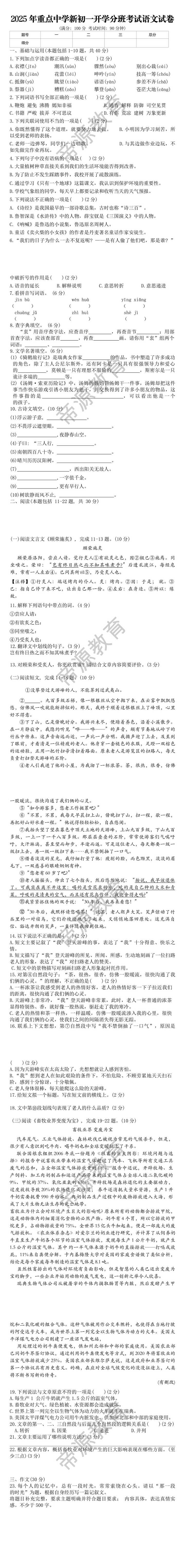 2025年重点中学新初一开学分班考试语文试卷