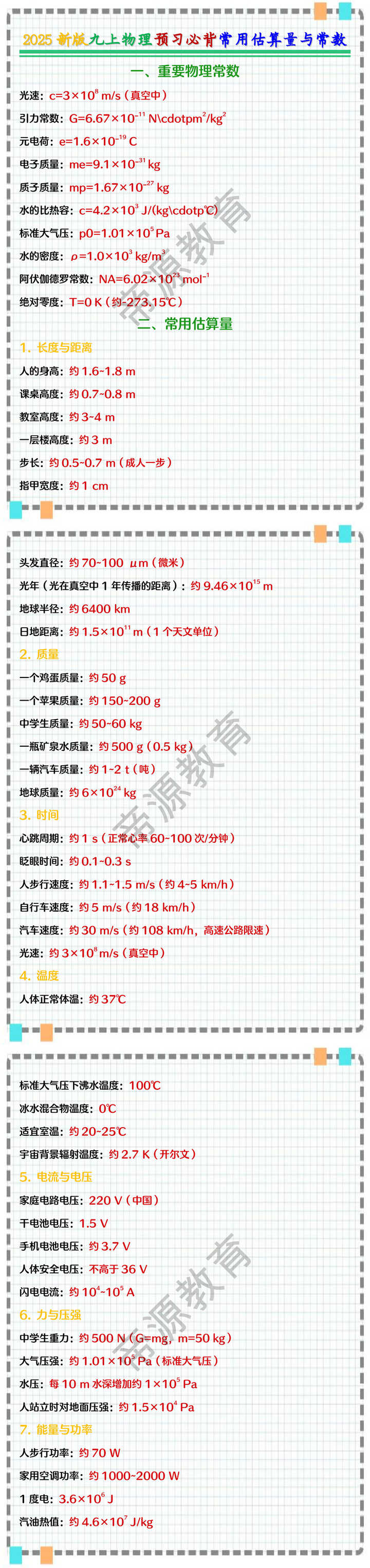 2025新版九上物理预习必背常用估算量与常数