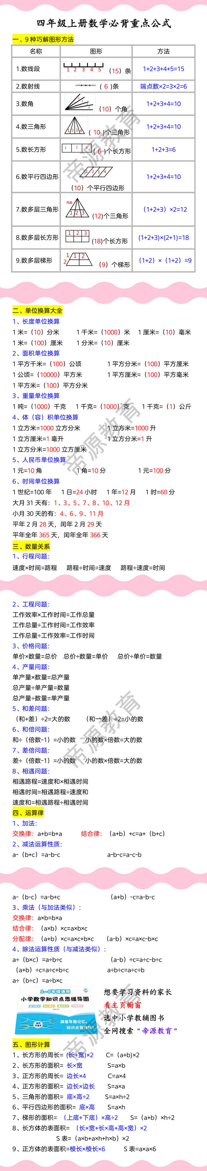 四年级上册数学必背重点公式