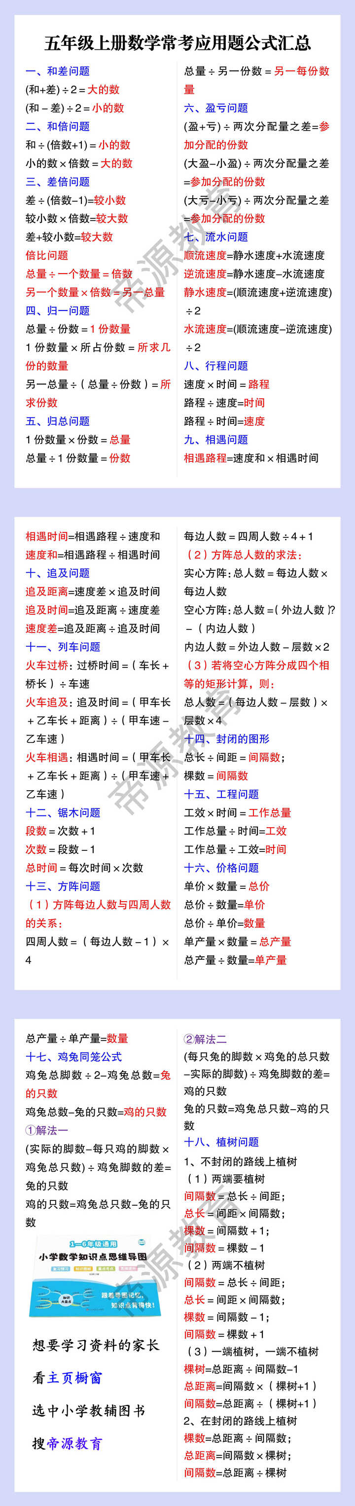五年级上册数学常考应用题公式汇总
