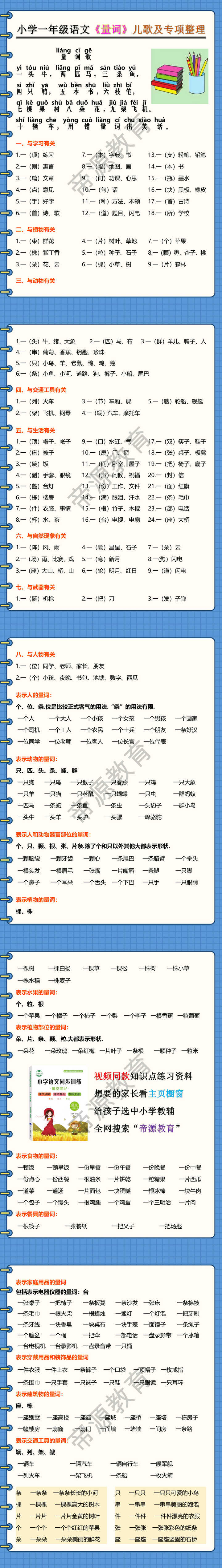小学一年级语文《量词》儿歌及专项整理