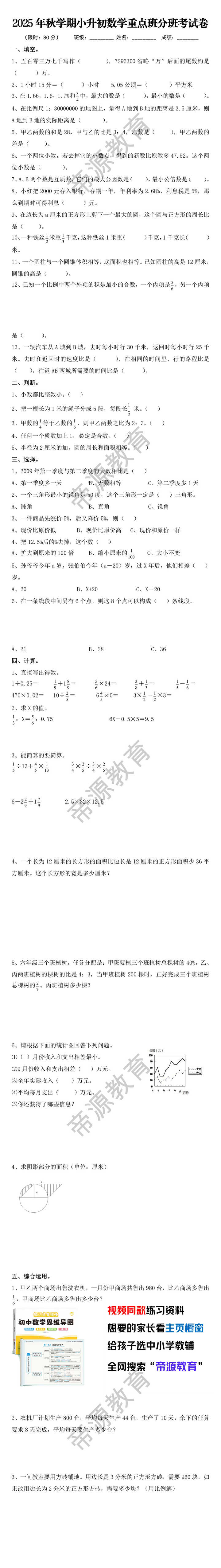 2025年秋学期小升初数学重点班分班考试卷