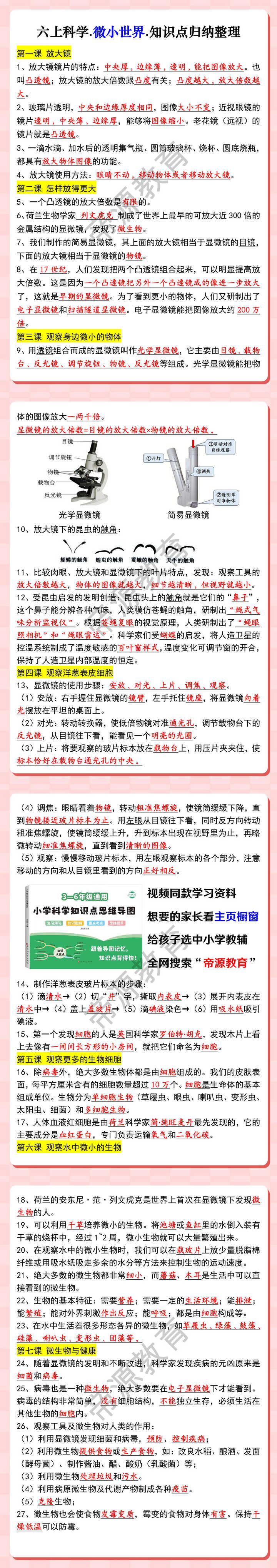 六上科学.微小世界.知识点归纳整理