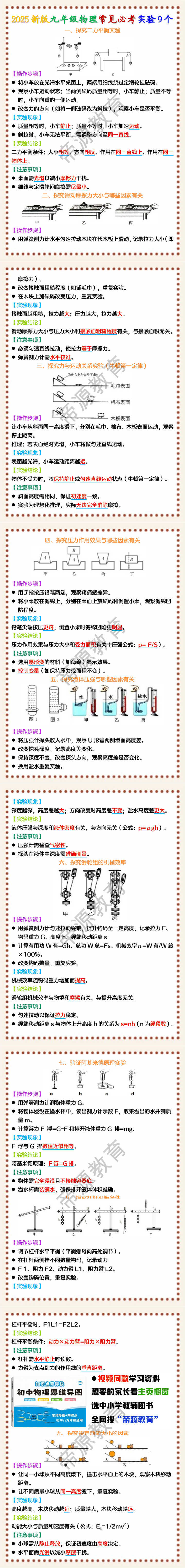 2025新版九年级物理常见必考实验9个