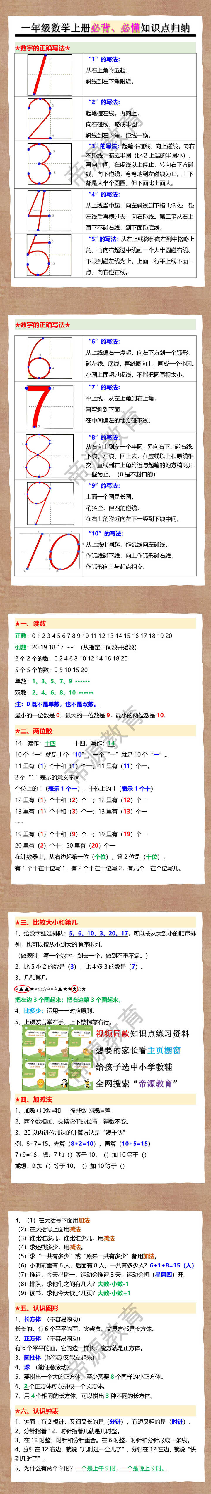一年级数学上册必背、必懂知识点归纳