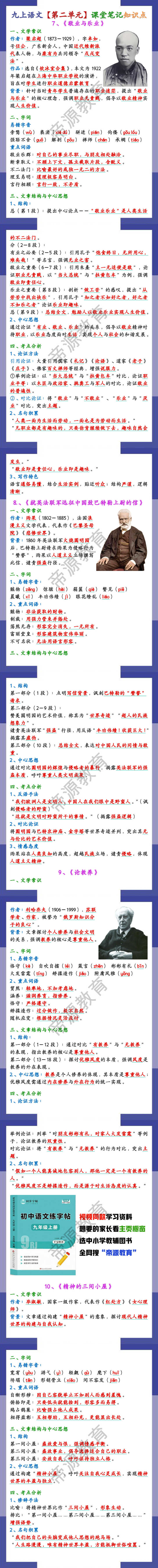九上语文【第二单元】课堂笔记知识点