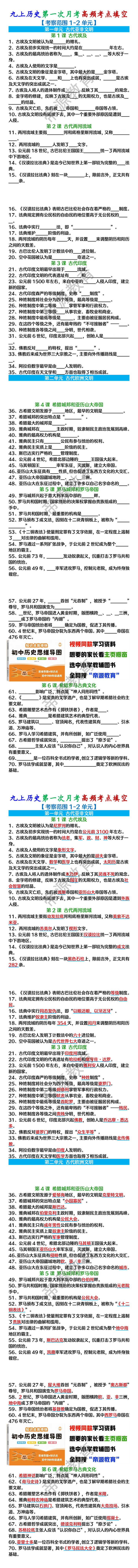 九上历史第一次月考高频考点填空 【考察范围1~2单元】