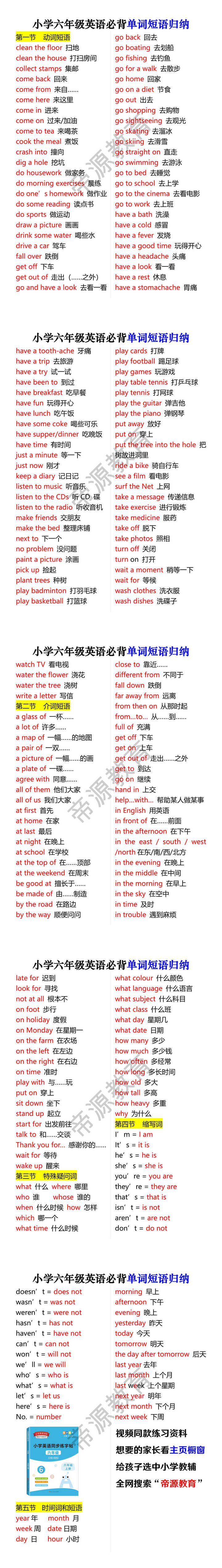 小学六年级英语必背单词短语归纳