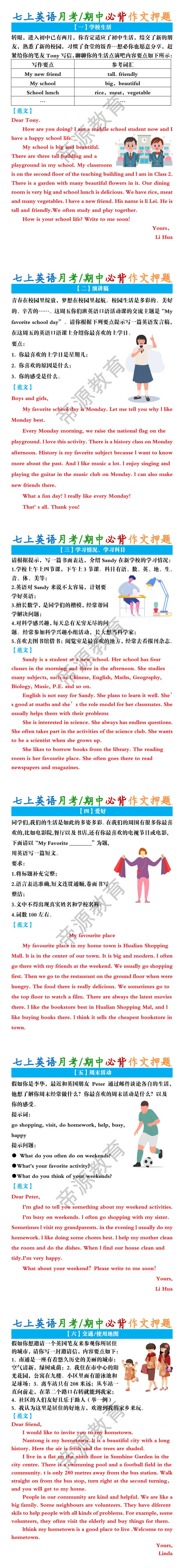 七上英语月考/期中必背作文押题及范文