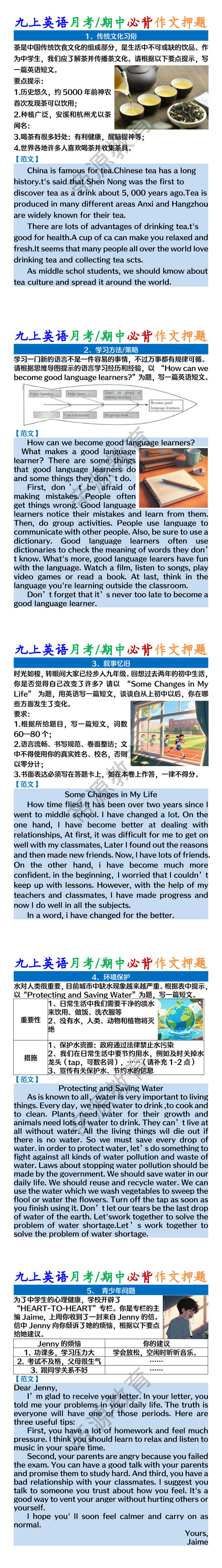 九上英语月考/期中必背作文押题及范文