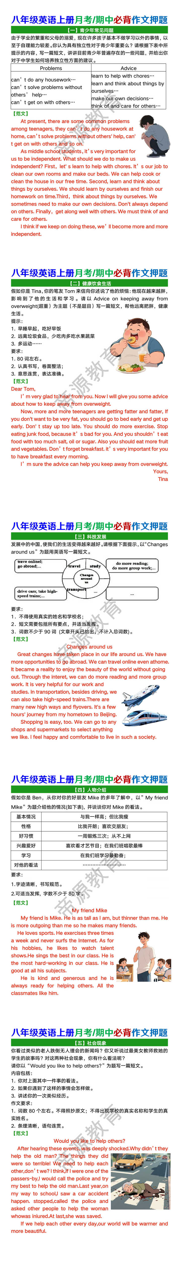 八年级英语上册月考/期中必背作文押题及范文
