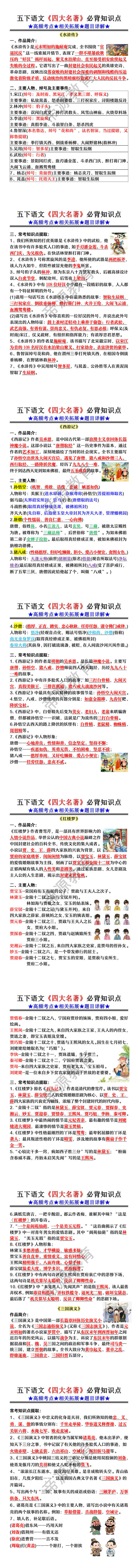 五年级下册语文《四大名著》必背知识点 五年级下册语文《四大名著》必背知识点