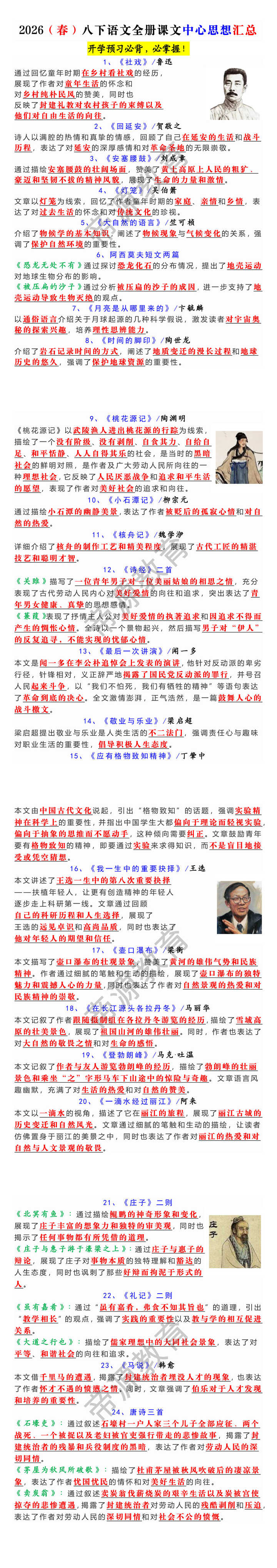 2026（春）八下语文全册课文中心思想汇总