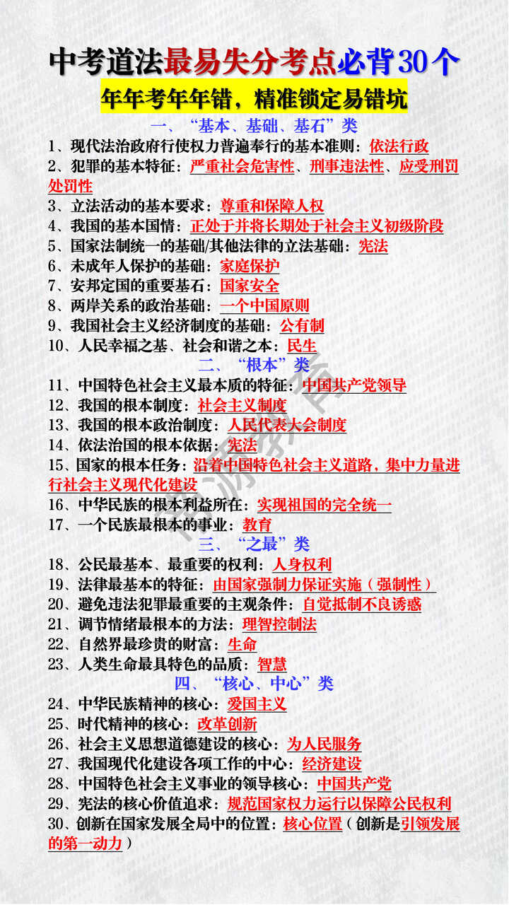 中考道法最易失分考点必背30个