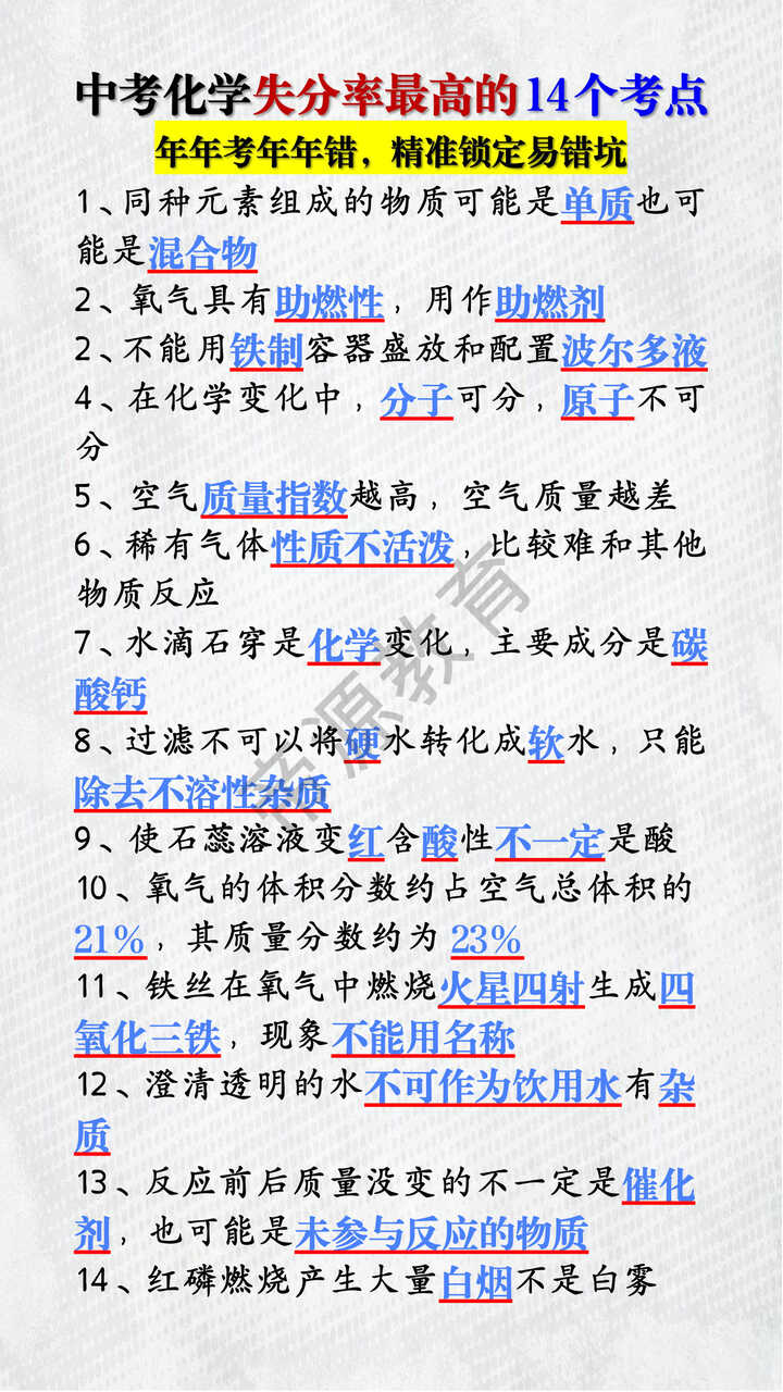 中考化学失分率最高的14个考点